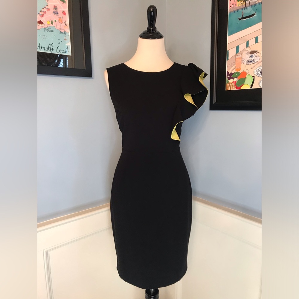 Black and Chartreuse Pencil Dress with Ruffle Detail Sz 8